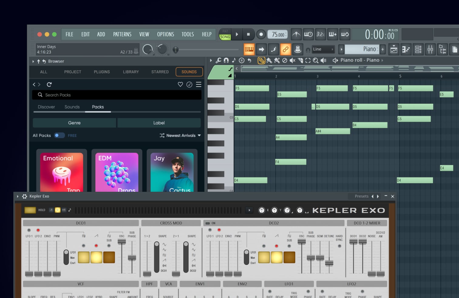 Interface real do FL Studio com browser, piano roll e instrumento aberto