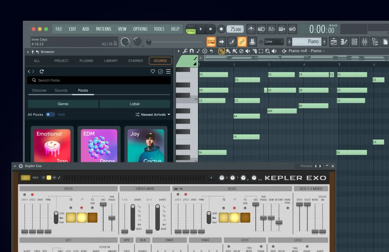 Interface real do FL Studio com browser, piano roll e instrumento aberto