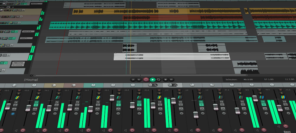 Interface real do REAPER com arranjo multipista e mixer